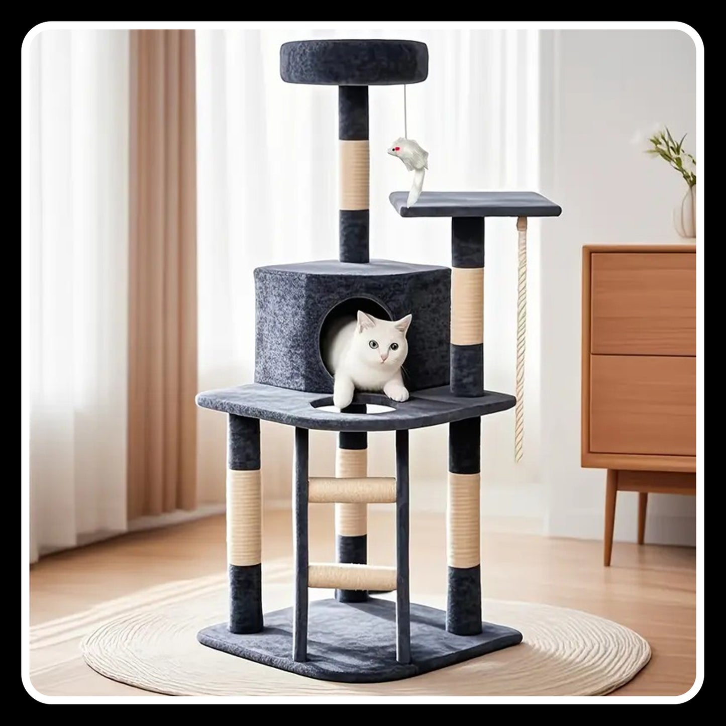 Kitty Tower Kitten Condo House Tree with Toys & Ladder – 47" (Grey & Beige)