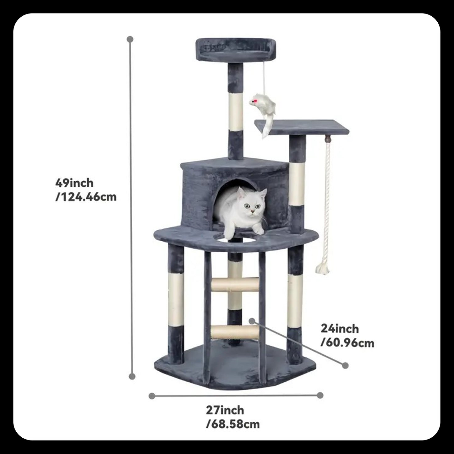 Kitty Tower Kitten Condo House Tree with Toys & Ladder – 47" (Grey & Beige)