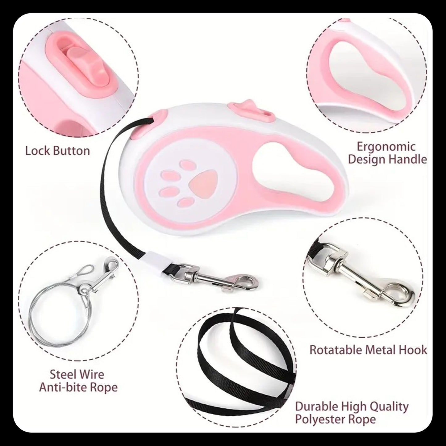 16.5ft Retractable Dog Leash – Stylish Paw Print Design | Tangle-Free & Durable | Easy Lock & Release