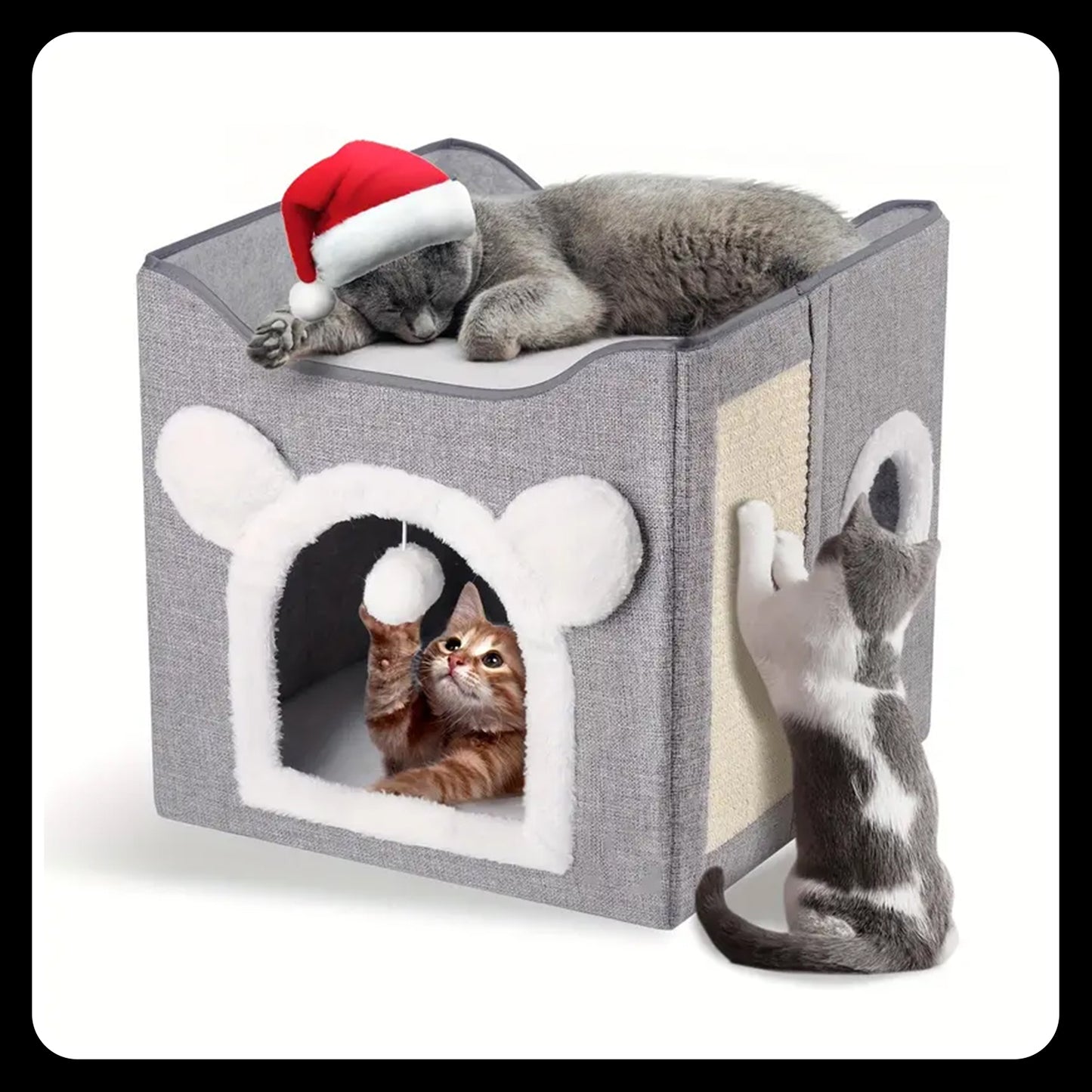 Double-Layer Cat Bed – Foldable -Sisal Scratching Board, Soft Cushion – House & Cave for Indoor Cats and Small Dogs (Grey)