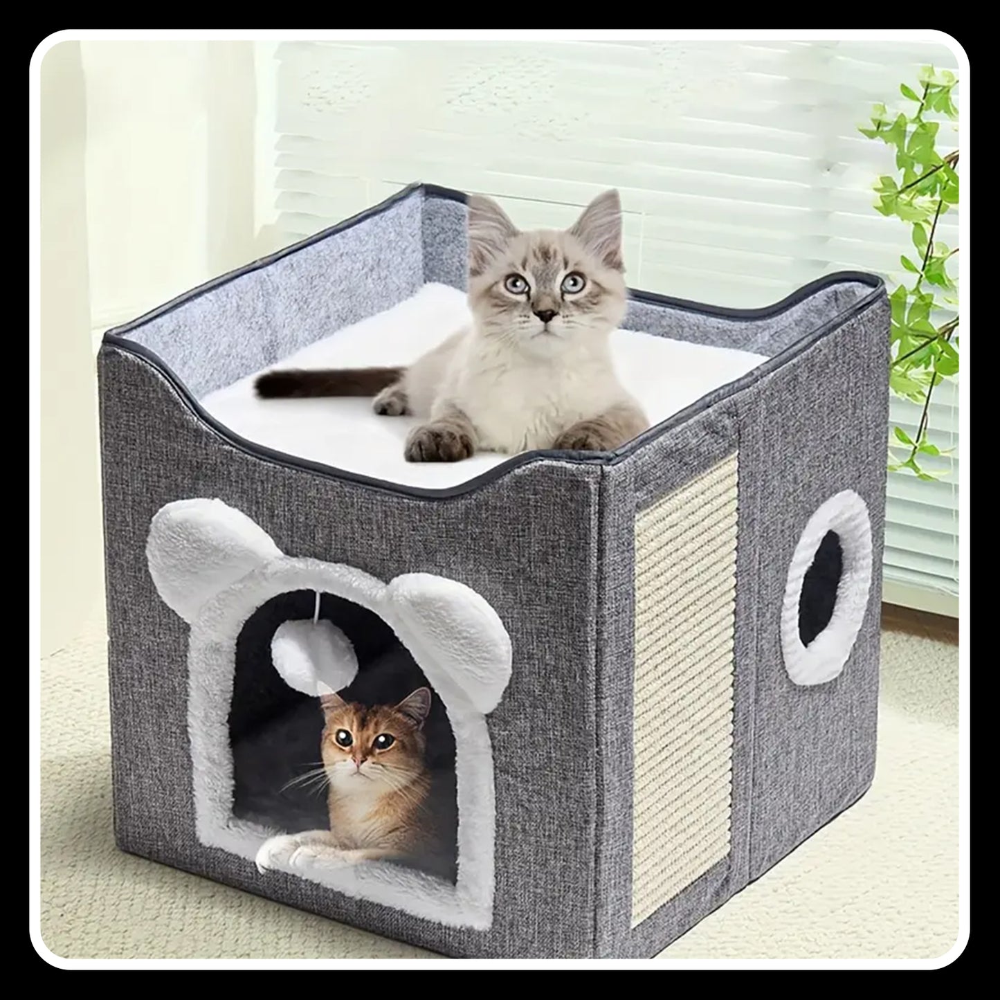 Double-Layer Cat Bed – Foldable -Sisal Scratching Board, Soft Cushion – House & Cave for Indoor Cats and Small Dogs (Grey)