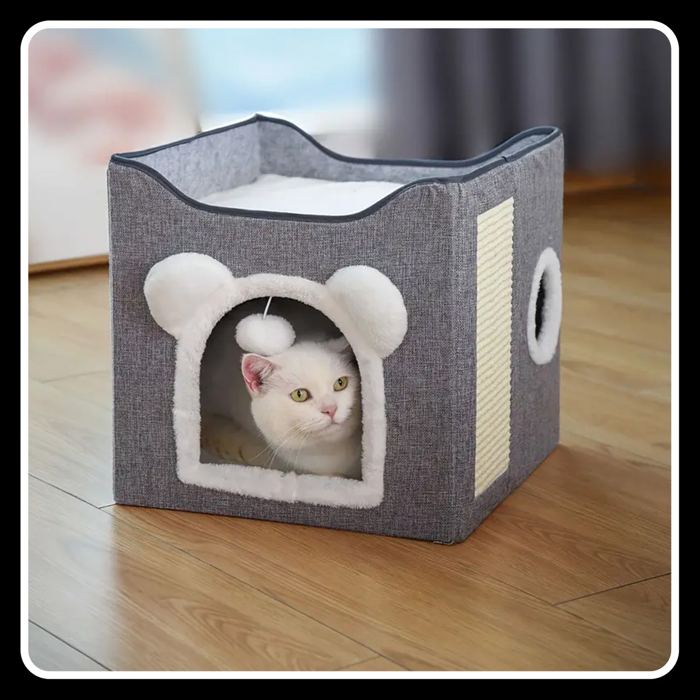 Double-Layer Cat Bed – Foldable -Sisal Scratching Board, Soft Cushion – House & Cave for Indoor Cats and Small Dogs (Grey)