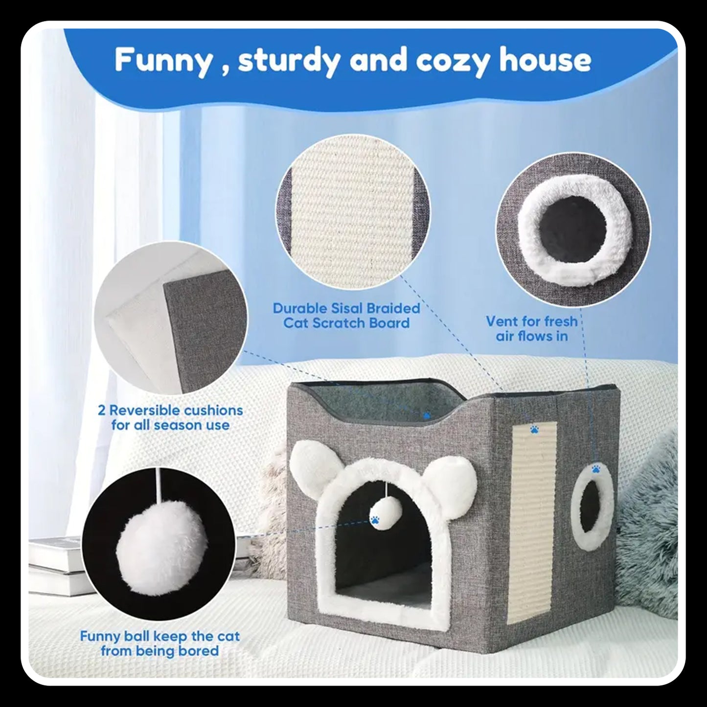 Double-Layer Cat Bed – Foldable -Sisal Scratching Board, Soft Cushion – House & Cave for Indoor Cats and Small Dogs (Grey)