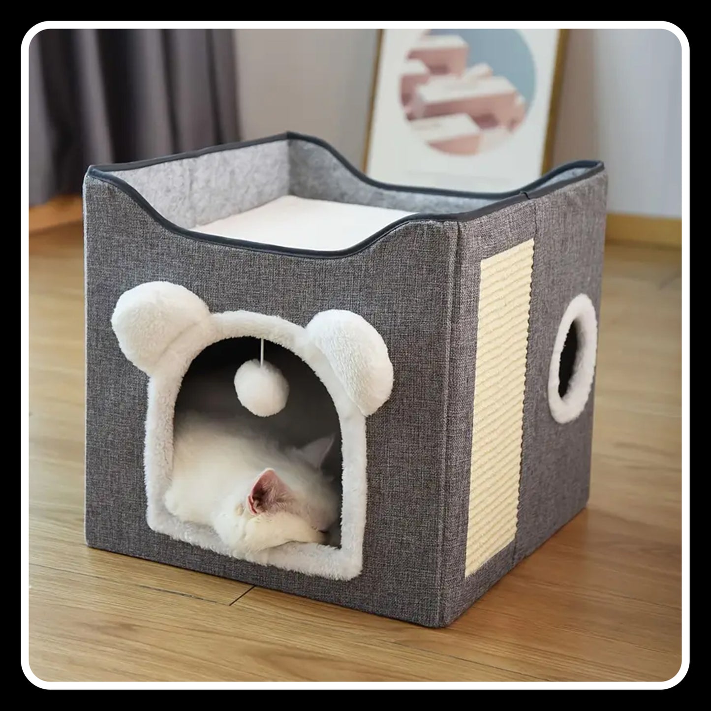 Double-Layer Cat Bed – Foldable -Sisal Scratching Board, Soft Cushion – House & Cave for Indoor Cats and Small Dogs (Grey)