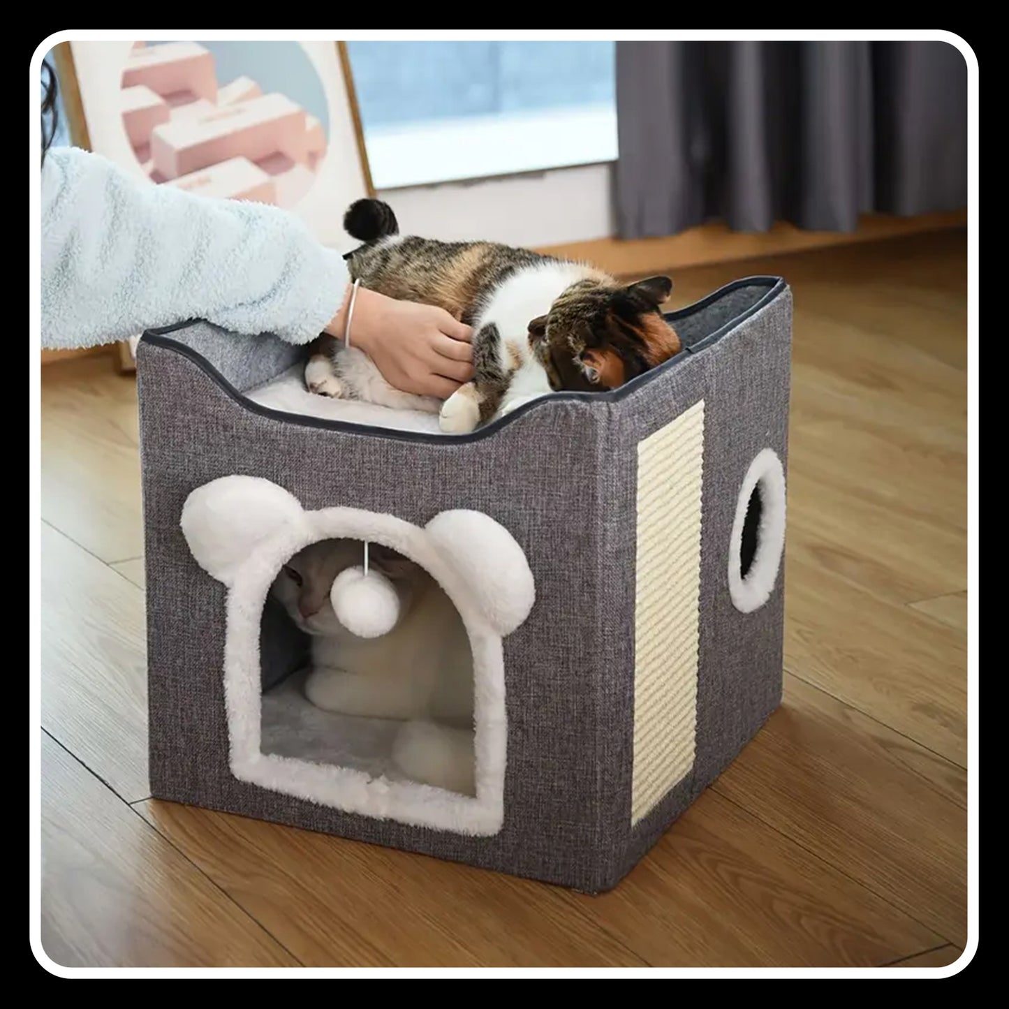 Double-Layer Cat Bed – Foldable -Sisal Scratching Board, Soft Cushion – House & Cave for Indoor Cats and Small Dogs (Grey)