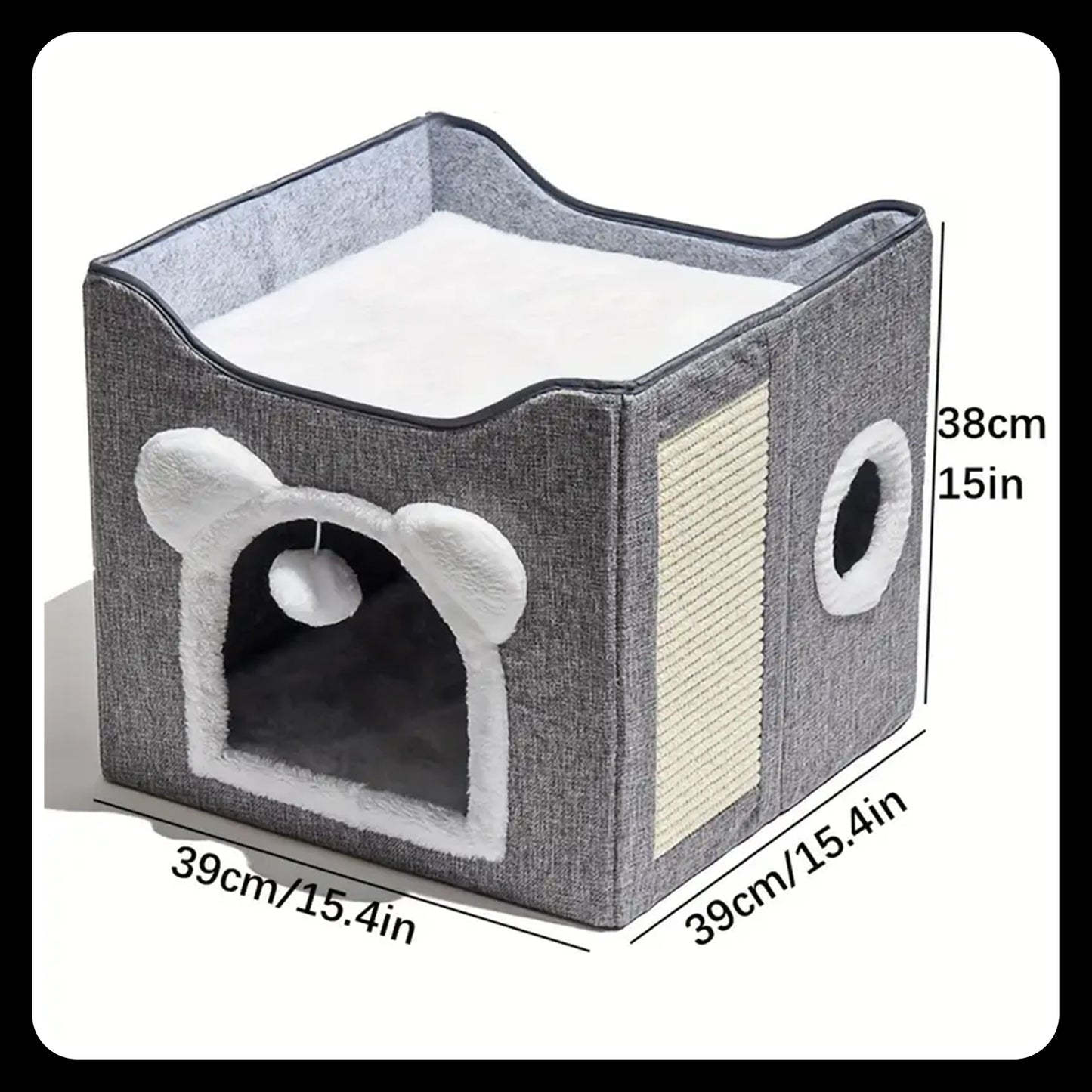Double-Layer Cat Bed – Foldable -Sisal Scratching Board, Soft Cushion – House & Cave for Indoor Cats and Small Dogs (Grey)