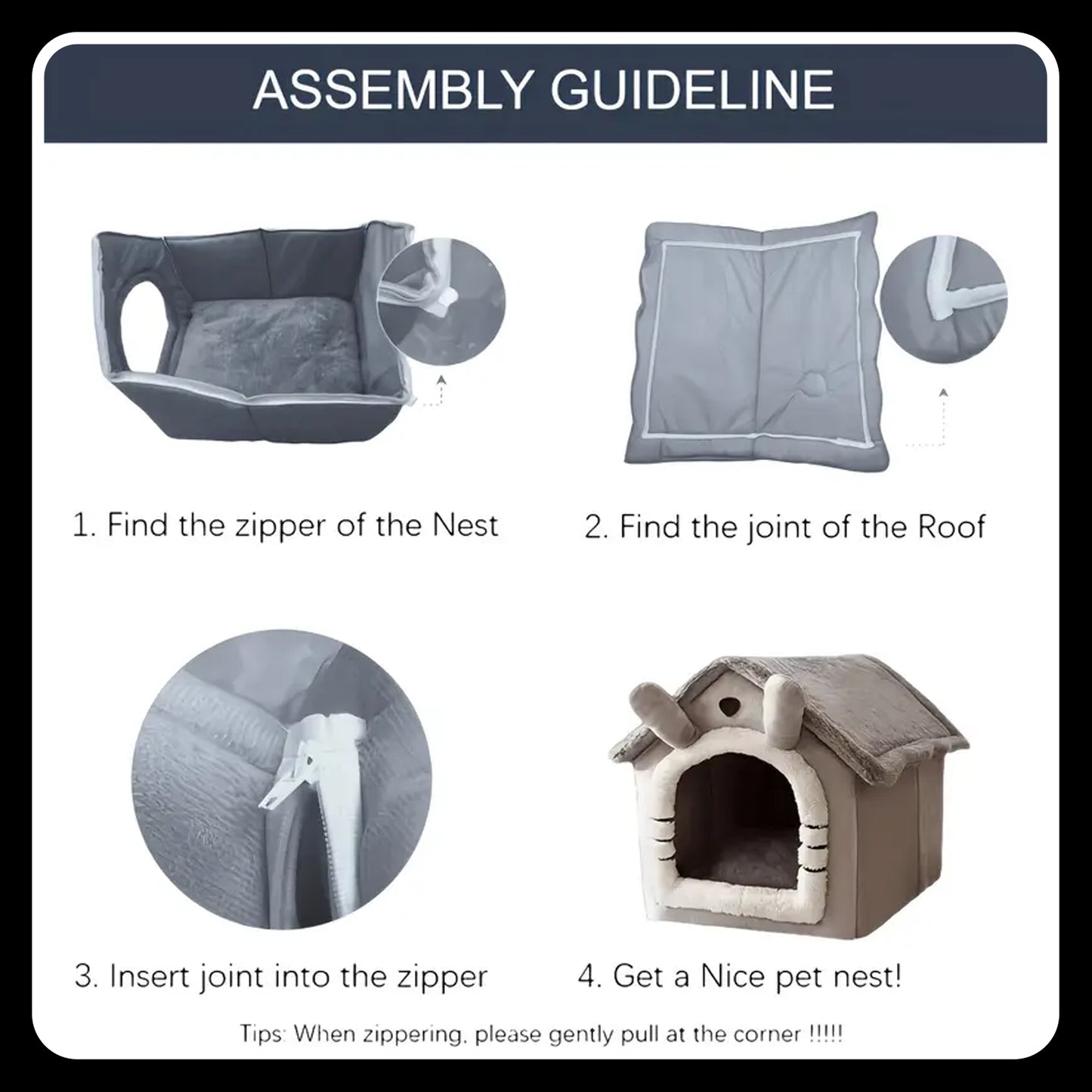 Cozy Pet House Kennel for Cats & Dogs – Large 19.29"x15.35"x18.11" | Detachable & Washable Winter Bed | Soft Polyester Cat Cave Nest with Classic Style - Gray
