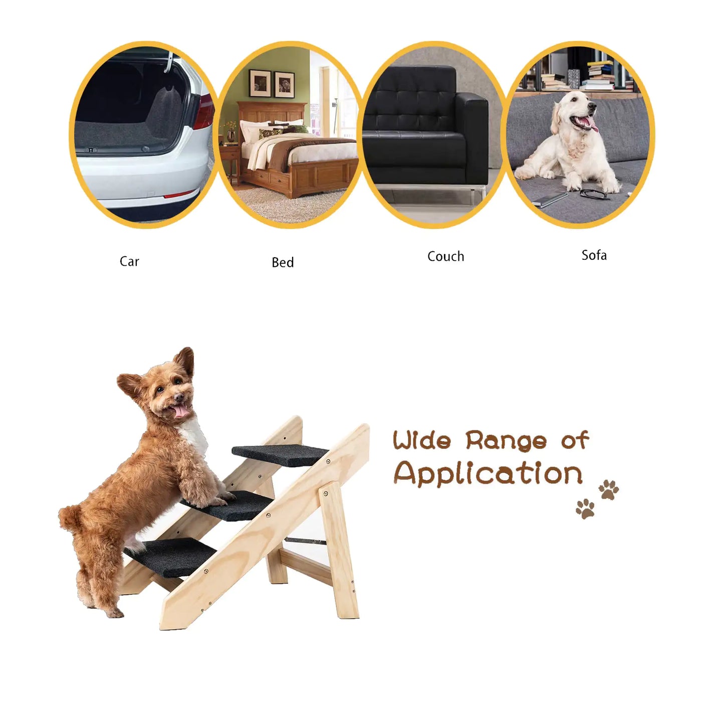 Foldable 3-Level Wood Pet Stairs & Ramp for Beds and Cars