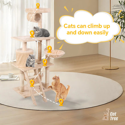 55-Inch Milky Cat Climbing Frame with Multi-Layer Design and Plush Comfort