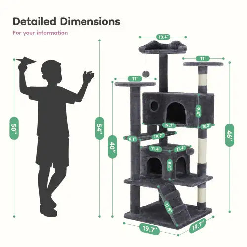 54-Inch Cat Tree, Indoor High-Rise Multi-Story Tower with Large Apartment, Dark Grey