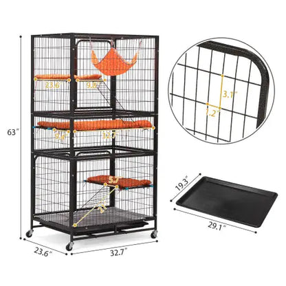 4-Tier Pet Cage with Ladder – Lockable Wheels and Removable Tray, Black & Orange