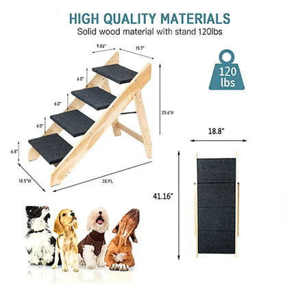 Foldable 3-Level Wood Pet Stairs & Ramp for Beds and Cars