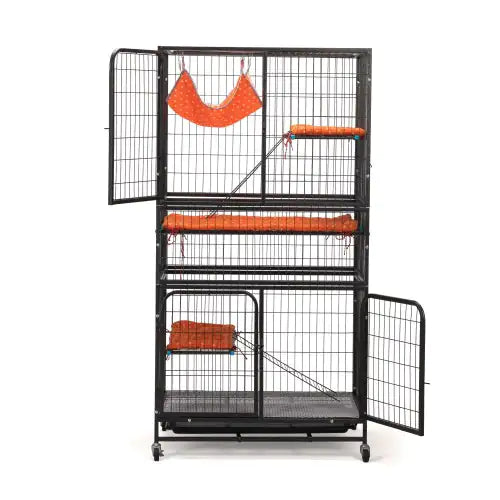 4-Tier Pet Cage with Ladder – Lockable Wheels and Removable Tray, Black & Orange