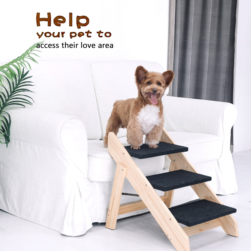 Foldable 3-Level Wood Pet Stairs & Ramp for Beds and Cars