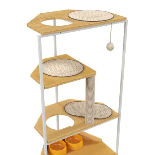 Corner Cat Tower with Scratching Columns, Feeding Station, and Climbing Platform, Pet Furniture for Indoor Cats