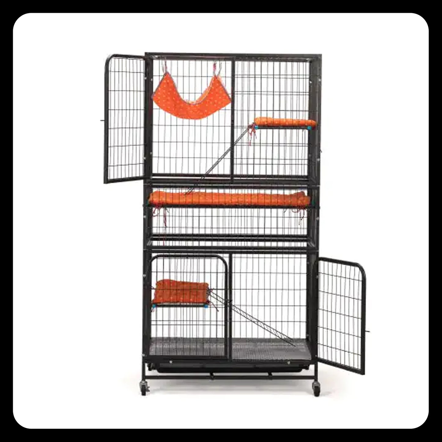 4-Tier Pet Cage with Ladder – Lockable Wheels and Removable Tray, Black & Orange