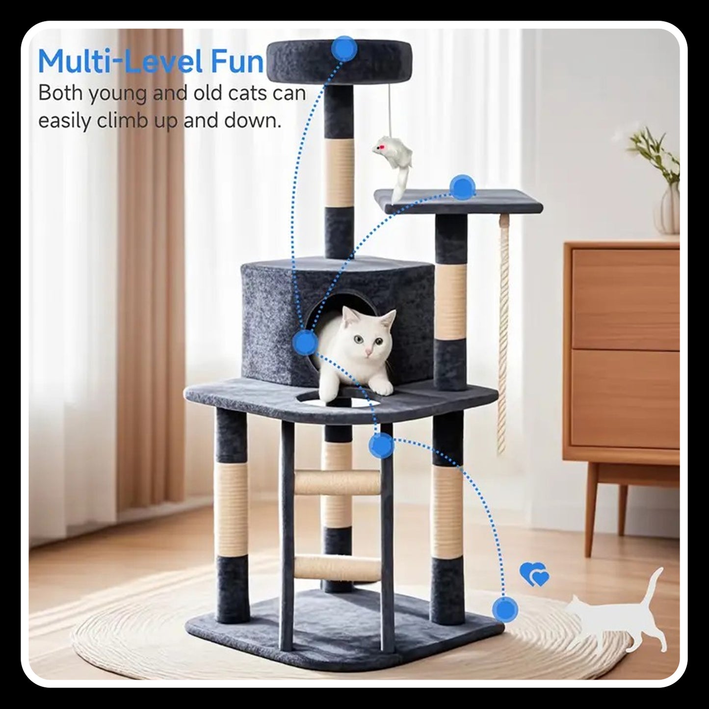 Kitty Tower Kitten Condo House Tree with Toys & Ladder – 47" (Grey & Beige)