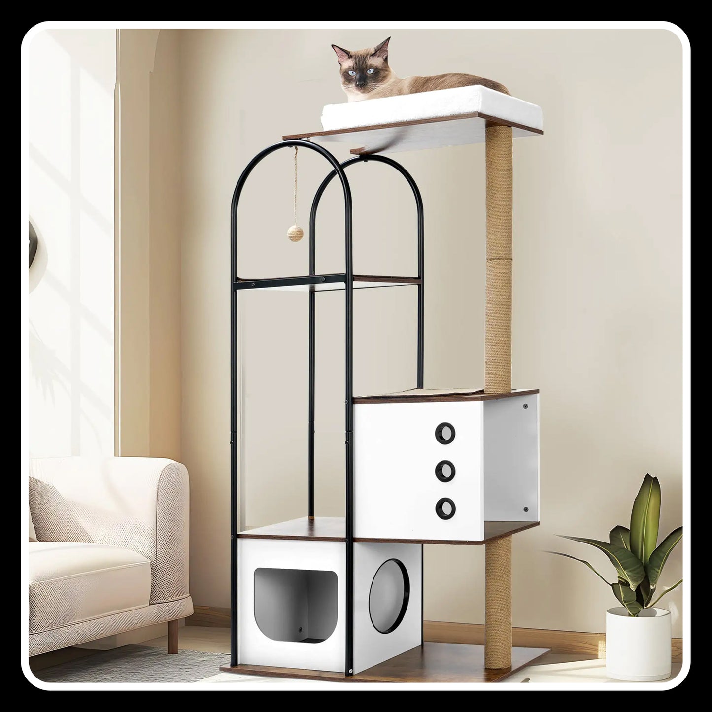 Cat Climbing Frame, Modern Multi-Storey Cat Tower with 1 Cave, 2 Scratching Columns, and Perch, White + Vintage