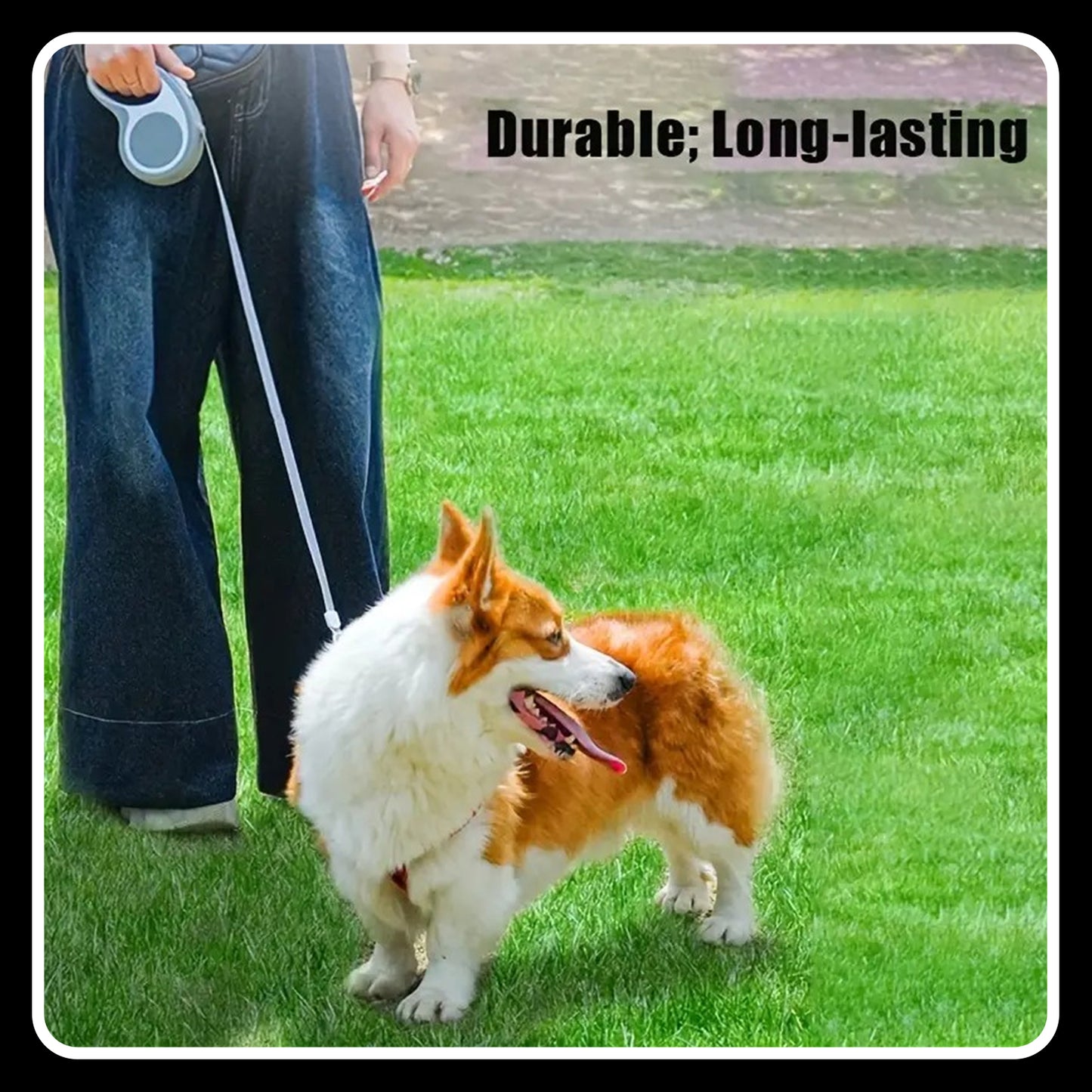 16ft Tangle-Free Retractable Dog Leash – Grey & White | One-Handed Brake & Pause Lock | Includes Minimalist Chest Harness