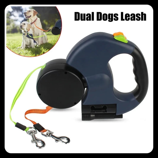 Double Retractable Dog Leash with Light – Portable Rotating Roulette Leash for Walking 2 Dogs