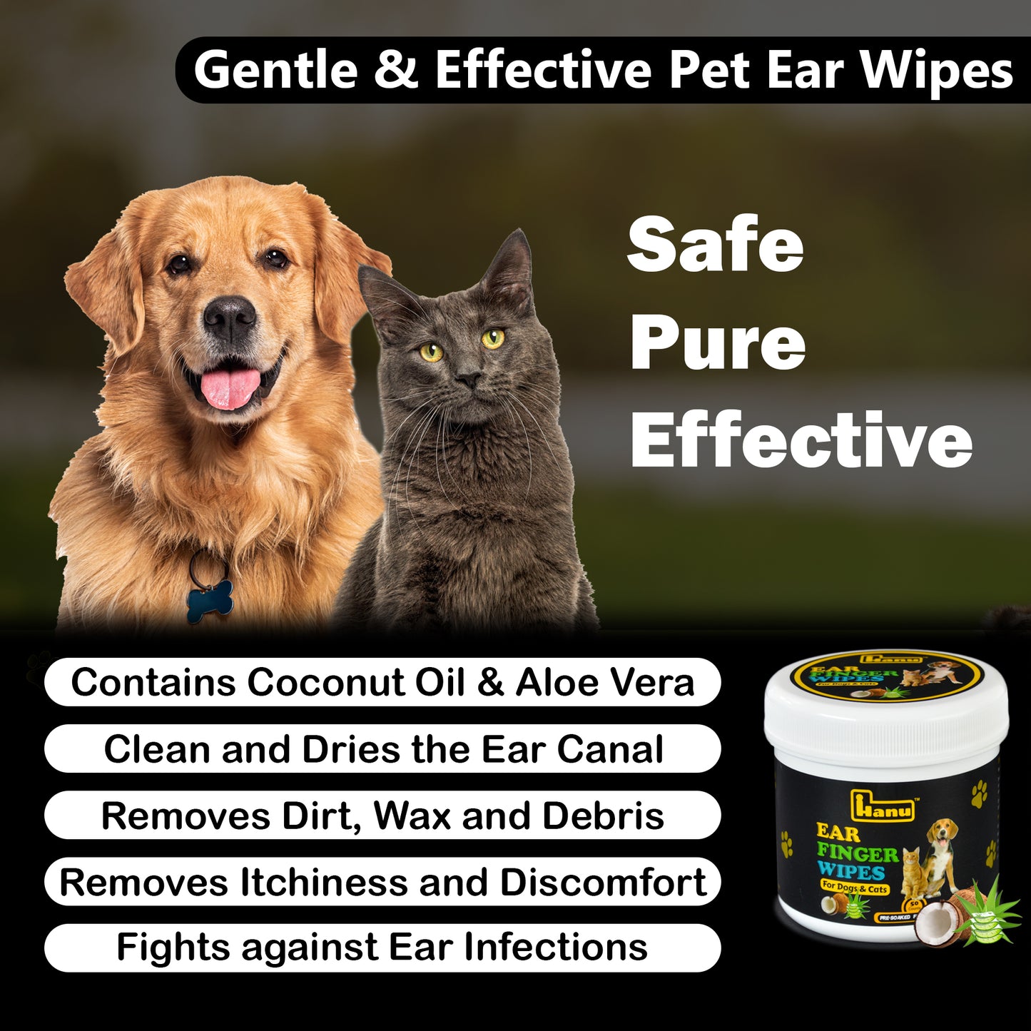 Hanu Ear Finger Wipes for Pets - Gentle Grooming & Ear Cleaning