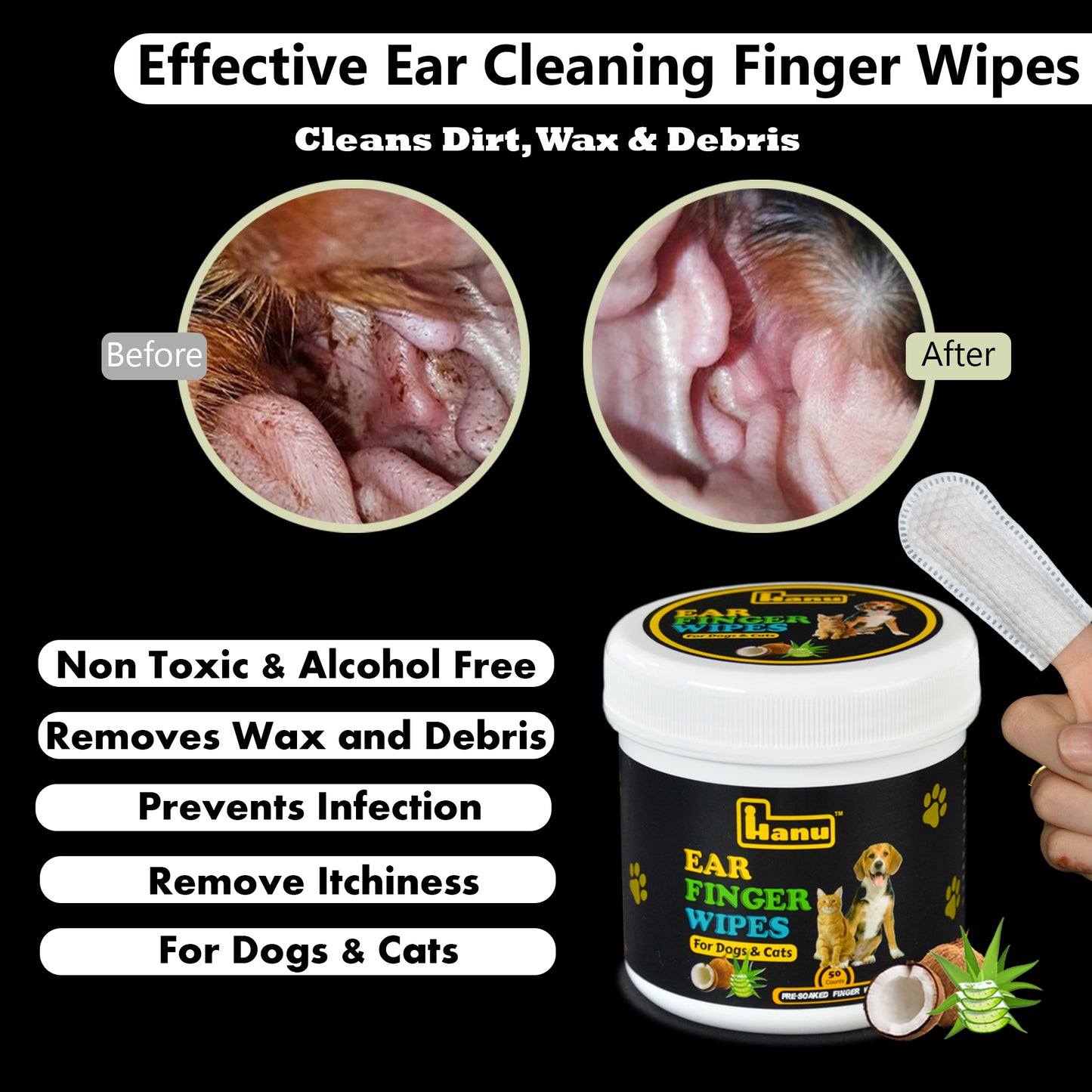 Hanu Ear Finger Wipes for Pets - Gentle Grooming & Ear Cleaning