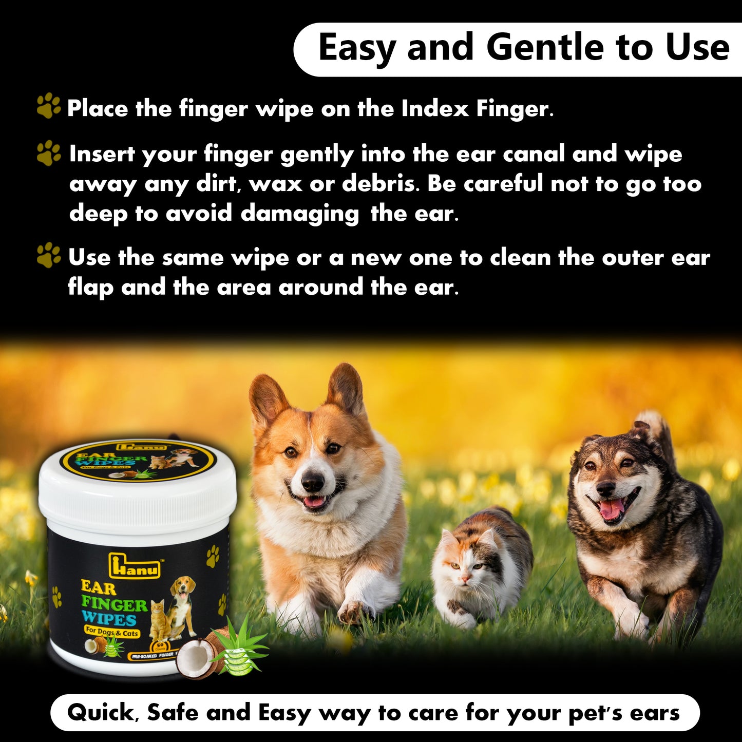 Hanu Ear Finger Wipes for Pets - Gentle Grooming & Ear Cleaning