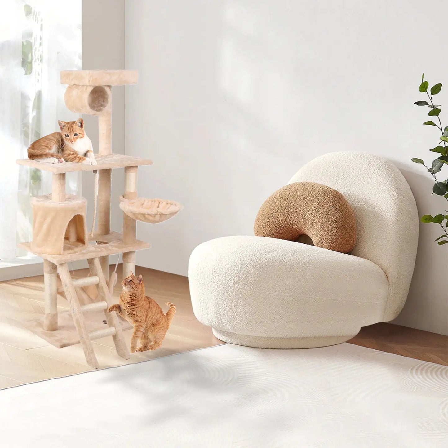 55-Inch Milky Cat Climbing Frame with Multi-Layer Design and Plush Comfort