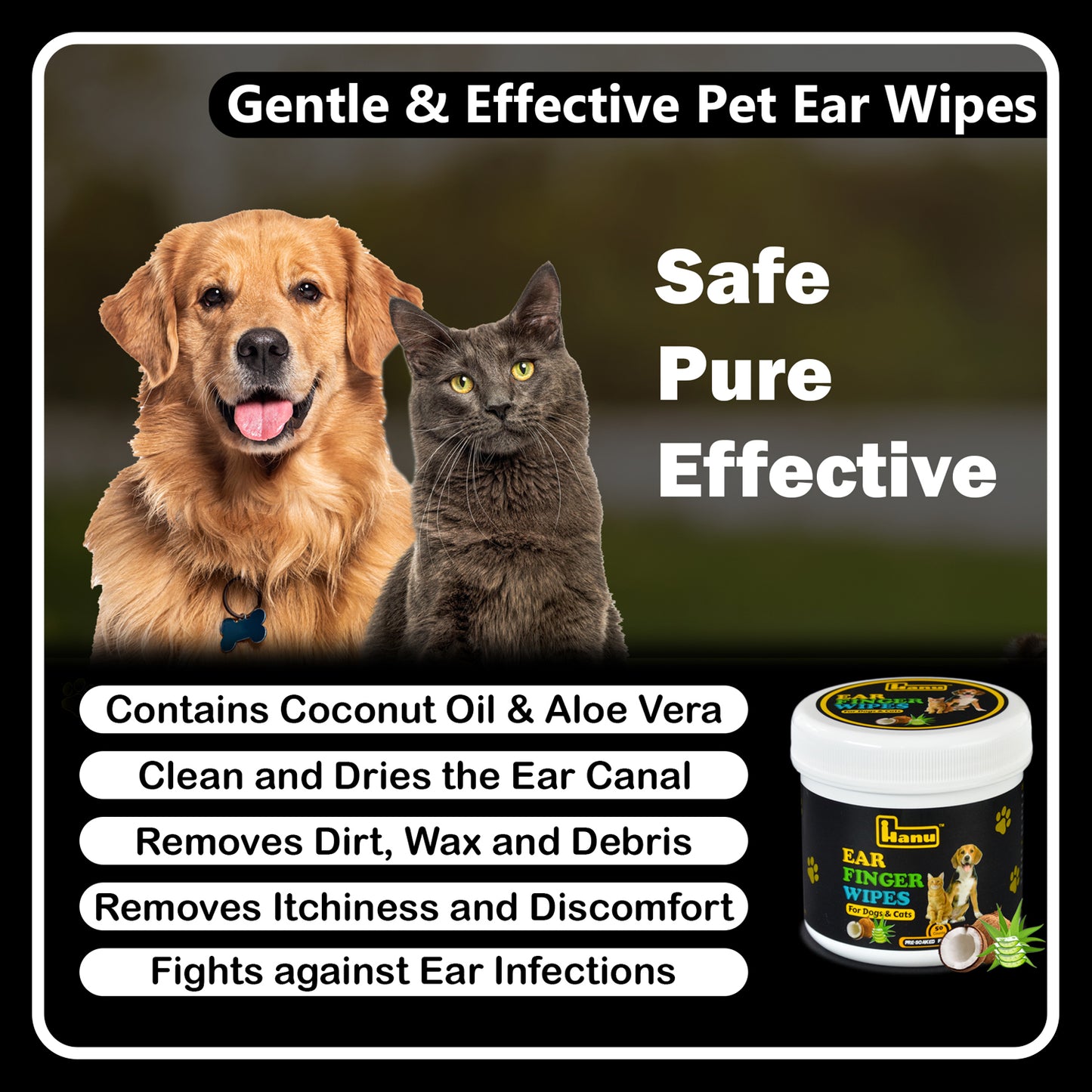 Hanu Ear Finger Wipes for Pets - Gentle Grooming & Ear Cleaning