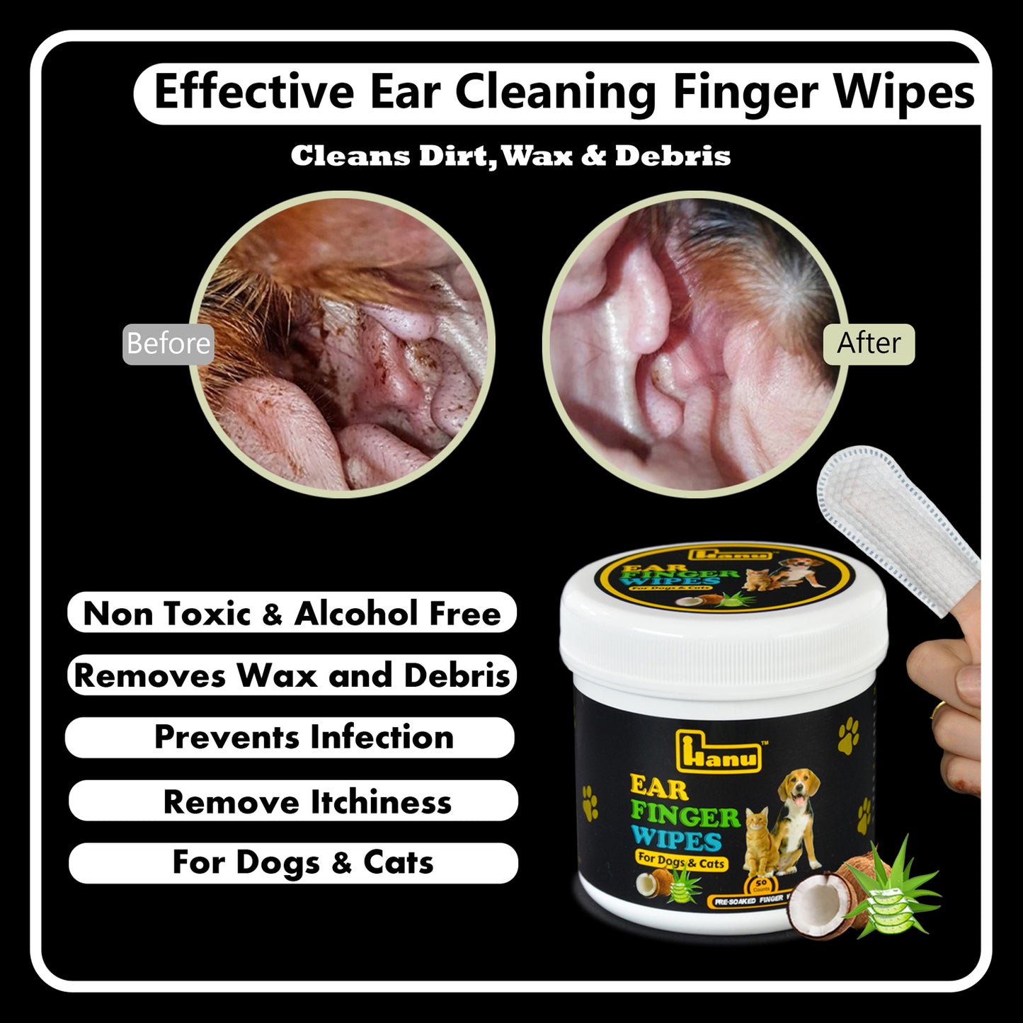 Hanu Ear Finger Wipes for Pets - Gentle Grooming & Ear Cleaning
