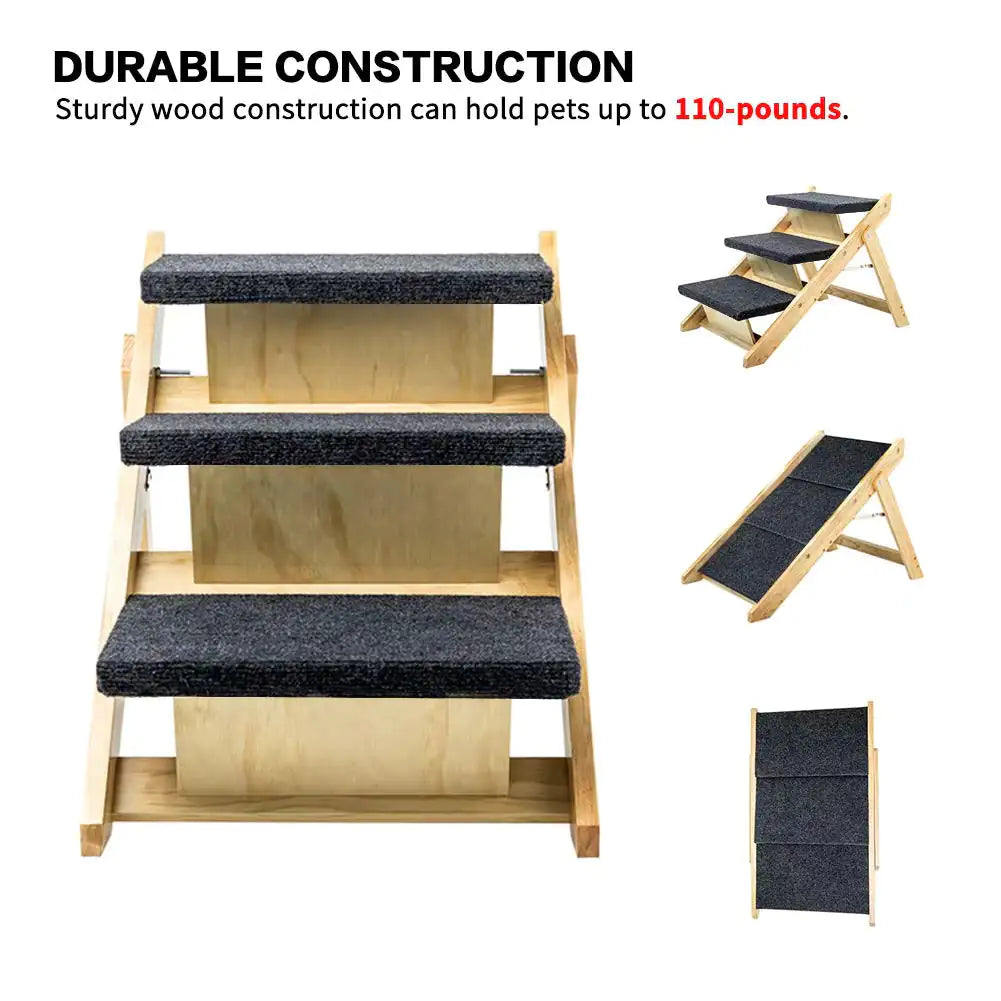 Foldable 3-Level Wood Pet Stairs & Ramp for Beds and Cars