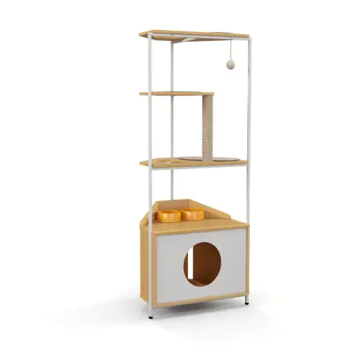 Corner Cat Tower with Scratching Columns, Feeding Station, and Climbing Platform, Pet Furniture for Indoor Cats