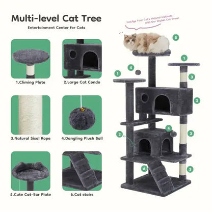 54-Inch Cat Tree, Indoor High-Rise Multi-Story Tower with Large Apartment, Dark Grey