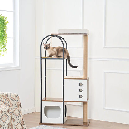 Cat Climbing Frame, Modern Multi-Storey Cat Tower with 1 Cave, 2 Scratching Columns, and Perch, White + Vintage