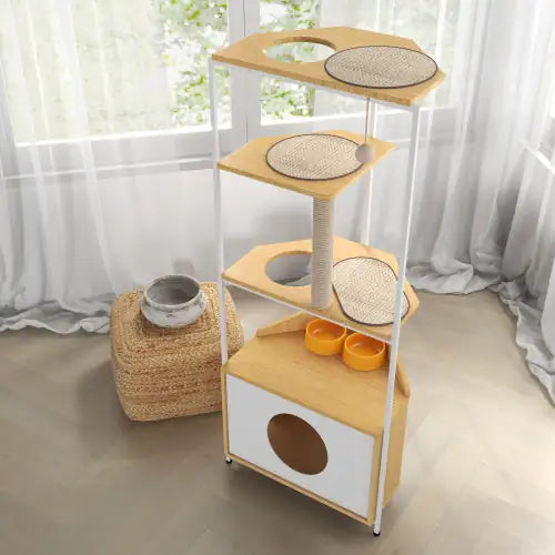 Corner Cat Tower with Scratching Columns, Feeding Station, and Climbing Platform, Pet Furniture for Indoor Cats