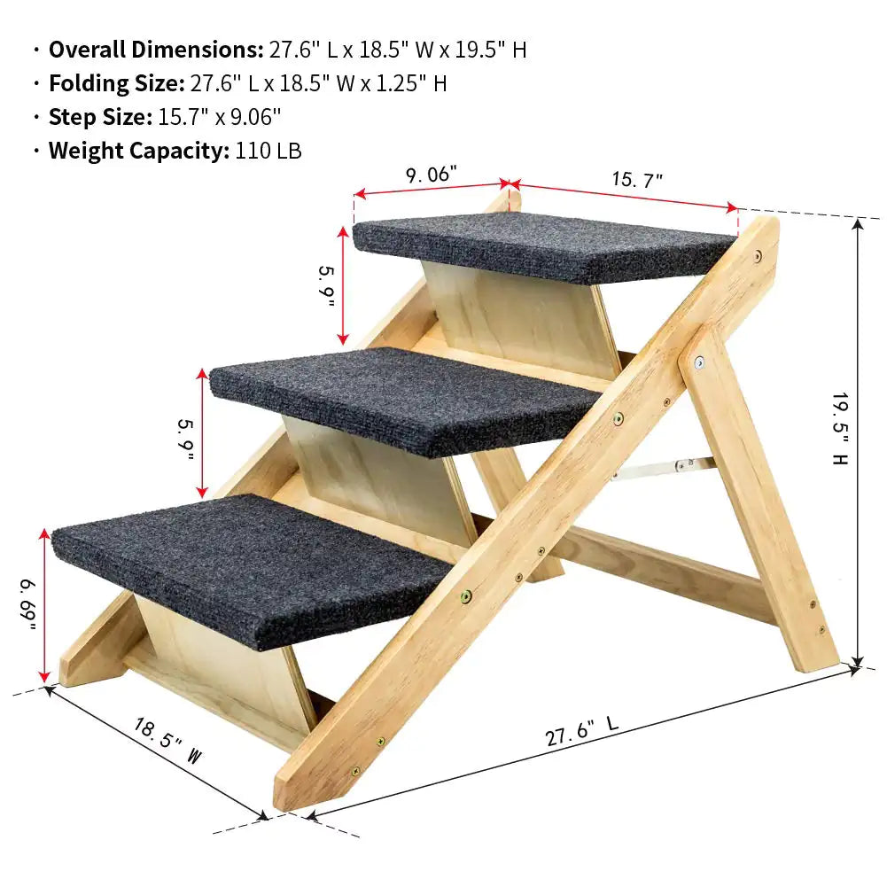 Foldable 3-Level Wood Pet Stairs & Ramp for Beds and Cars