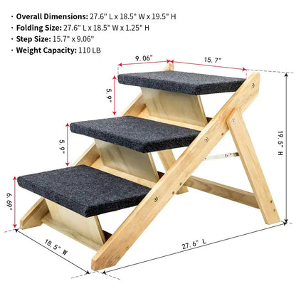 Foldable 3-Level Wood Pet Stairs & Ramp for Beds and Cars