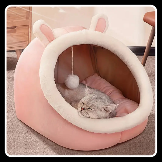 Pet Tent Soft Dog Bed – Semi-Enclosed Cat Cave House | Large Pink Cozy Pet Bed for Cats & Small Dogs