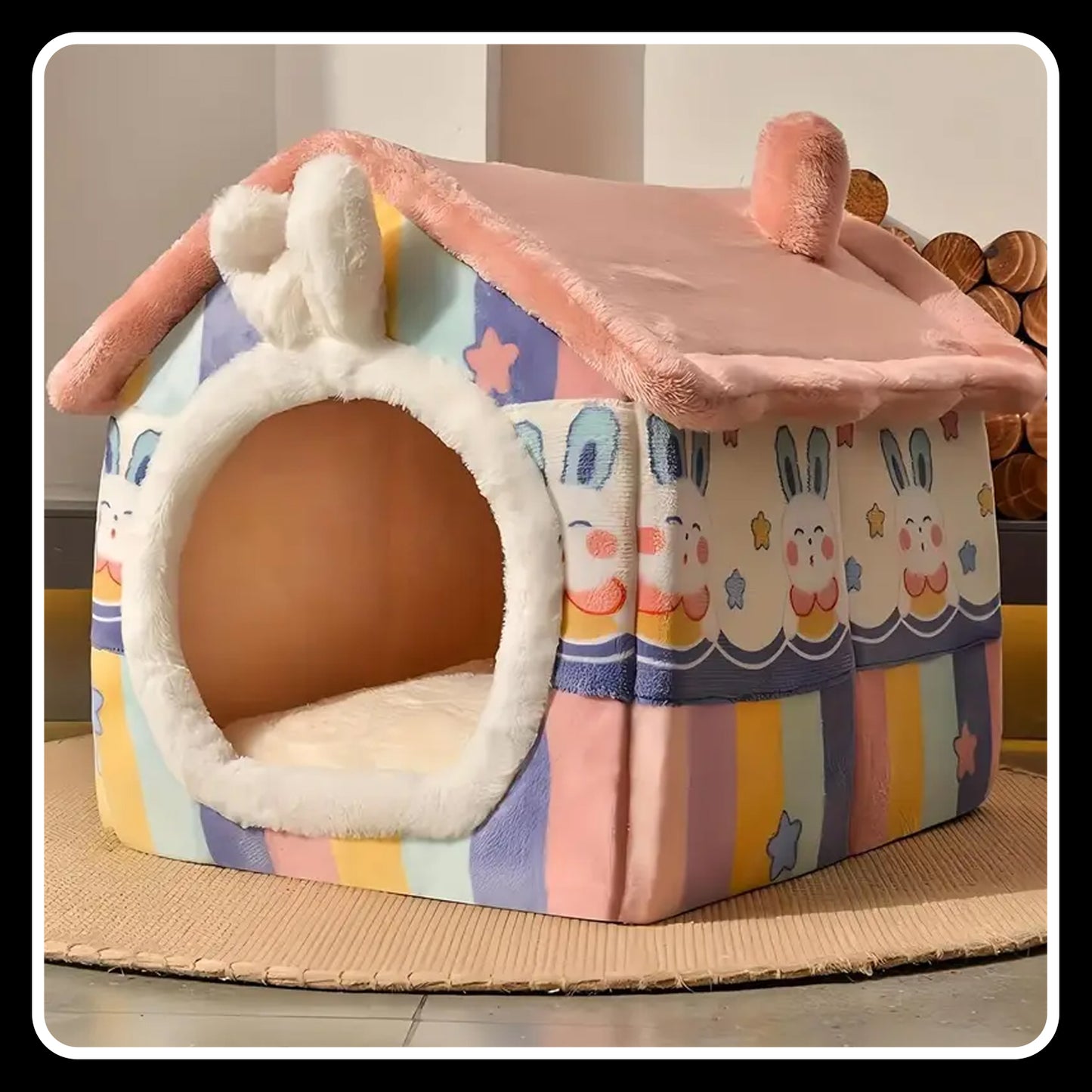 Cozy Rabbit-Shaped Foldable Pet Bed – Soft Polyester Winter Warm Cave Kennel Mat for Puppies, Cats & Small Dogs - Medium