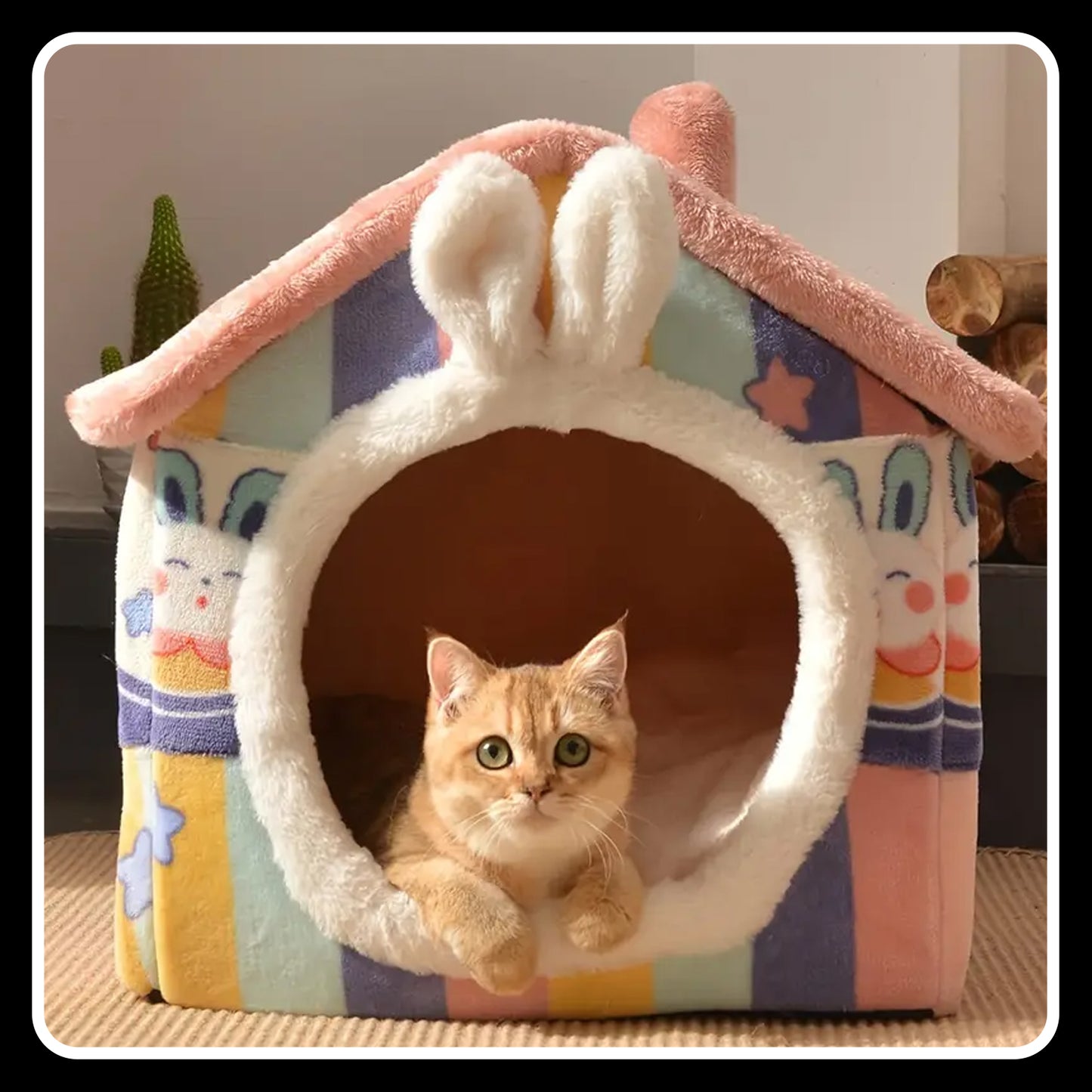 Cozy Rabbit-Shaped Foldable Pet Bed – Soft Polyester Winter Warm Cave Kennel Mat for Puppies, Cats & Small Dogs - Medium