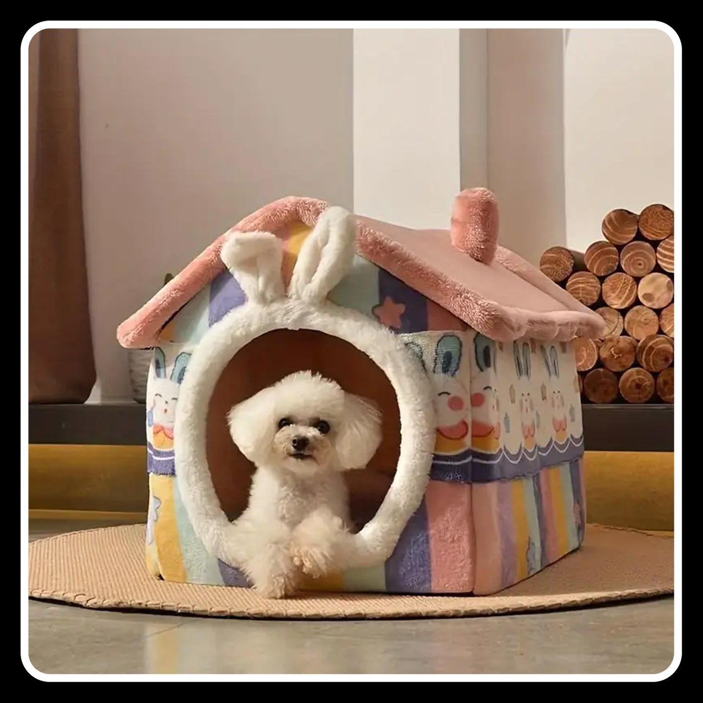 Cozy Rabbit-Shaped Foldable Pet Bed – Soft Polyester Winter Warm Cave Kennel Mat for Puppies, Cats & Small Dogs - Medium
