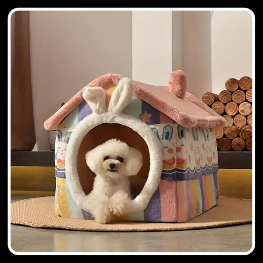 Cozy Rabbit-Shaped Foldable Pet Bed – Soft Polyester Winter Warm Cave Kennel Mat for Puppies, Cats & Small Dogs - Medium
