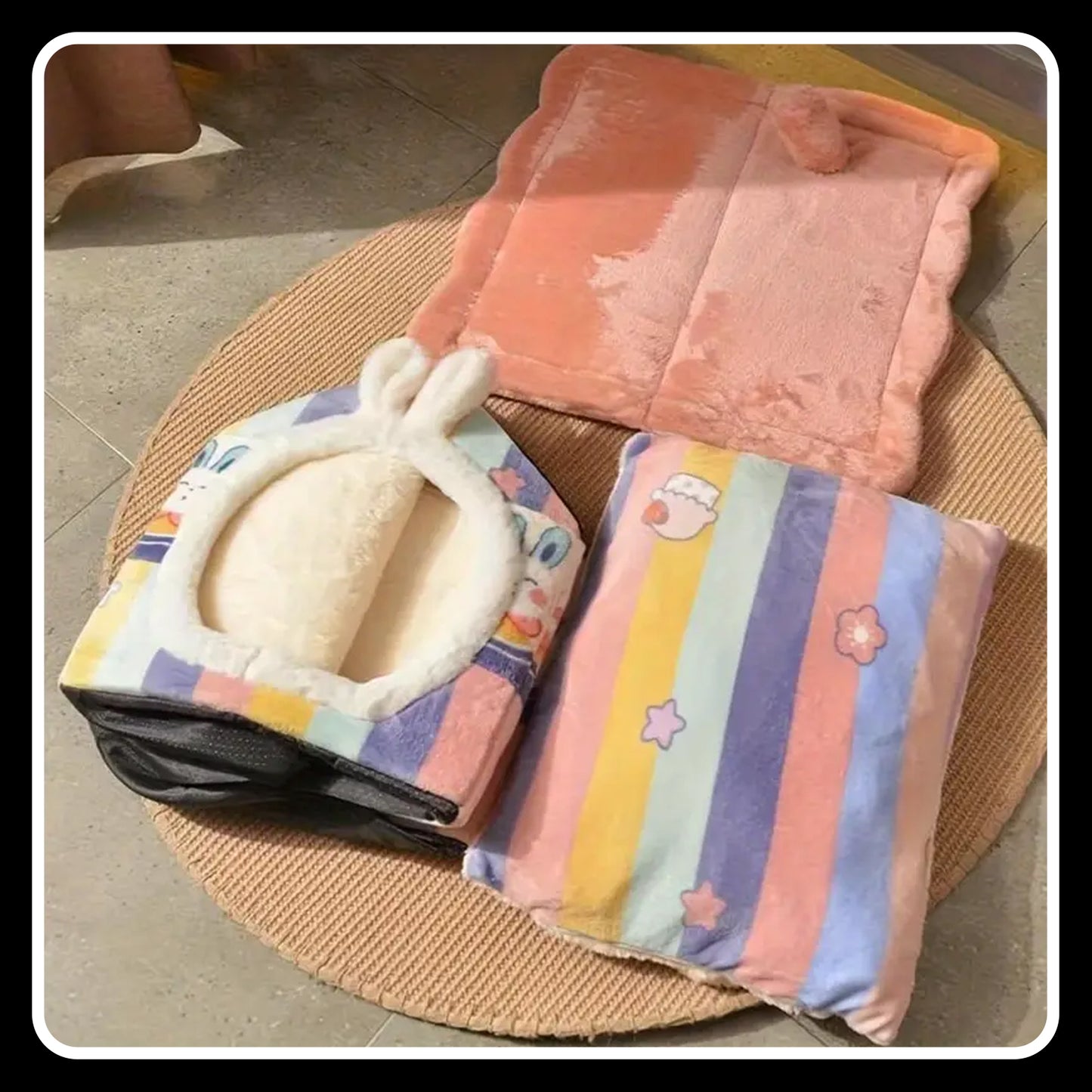 Cozy Rabbit-Shaped Foldable Pet Bed – Soft Polyester Winter Warm Cave Kennel Mat for Puppies, Cats & Small Dogs - Medium