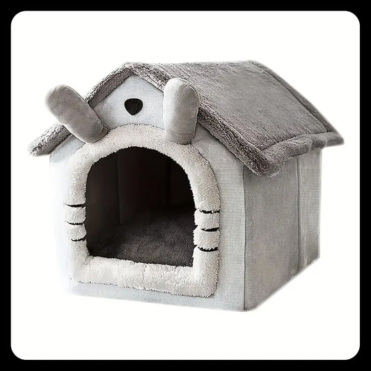 Cozy Pet House Kennel for Cats & Dogs – Large 19.29"x15.35"x18.11" | Detachable & Washable Winter Bed | Soft Polyester Cat Cave Nest with Classic Style - Gray