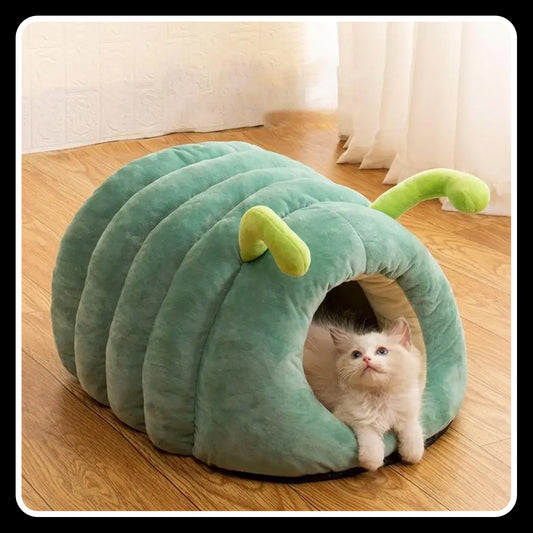 Caterpillar Pet Bed – Soft Flannel Bug House with Antennae Logo | Warm & Cozy Winter Bed | Easy-Clean, Washable Pet House - Large - Green