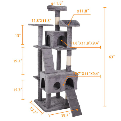 63-Inch Cat Climbing Frame with Multi-Layer Design and Soft Plush Cover