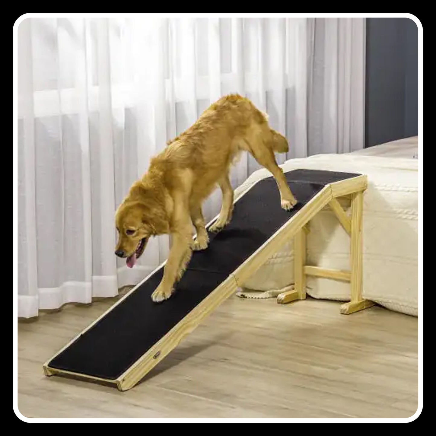 PawHut Ramp for Dog Bed – Wooden Pet Ramp with Non-Slip Carpet and Top Platform