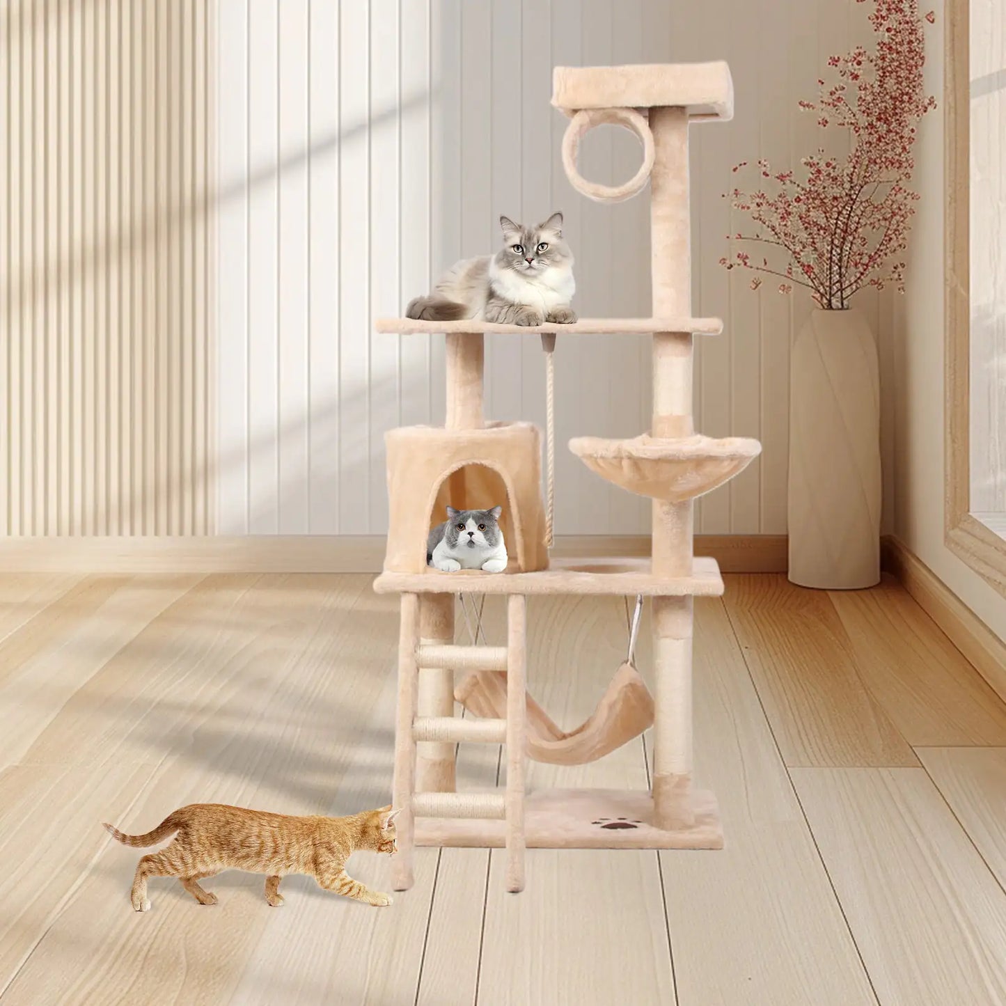 55-Inch Milky Cat Climbing Frame with Multi-Layer Design and Plush Comfort