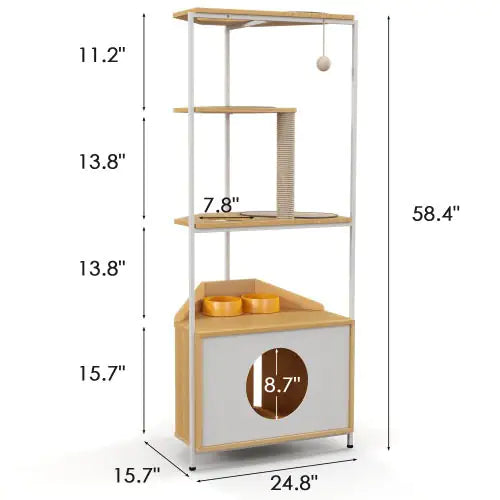 Corner Cat Tower with Scratching Columns, Feeding Station, and Climbing Platform, Pet Furniture for Indoor Cats