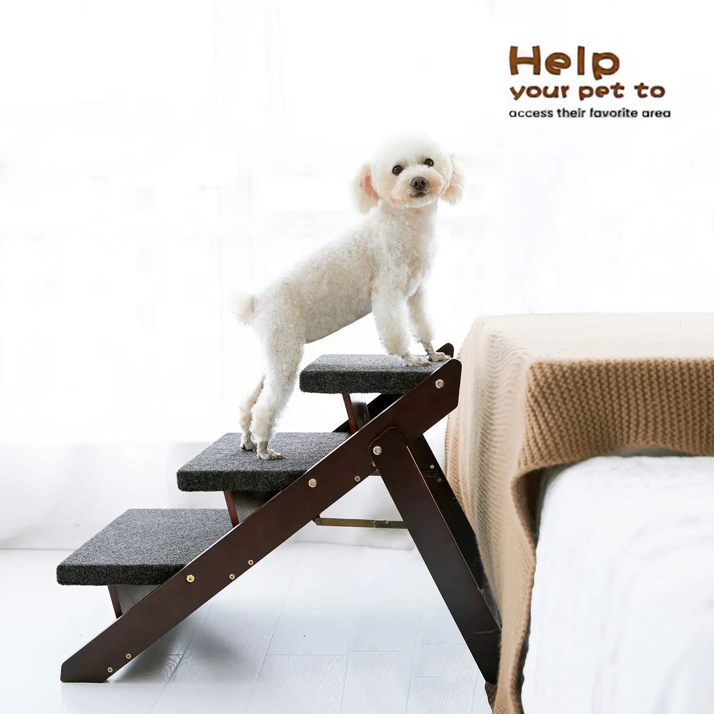 Foldable Wooden Pet Stairs & Ramp - 3 Levels for Beds, Cars, and Sofas